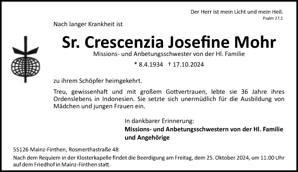  Traueranzeige für Crescenzia Josefine Mohr vom 23.10.2024 aus Allgemeine Zeitung Mainz