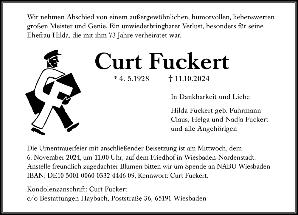  Traueranzeige für Curt Fuckert vom 26.10.2024 aus Wiesbadener Kurier