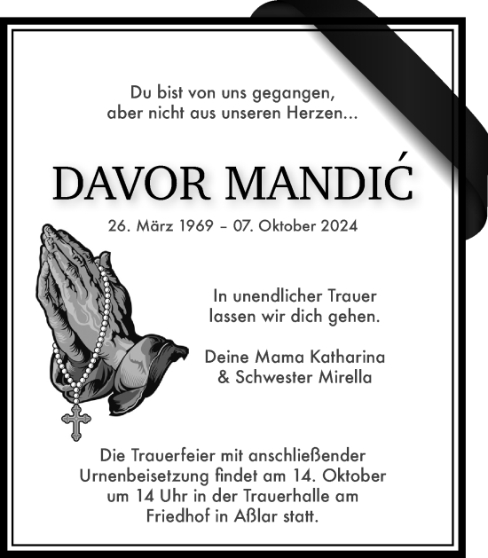 Traueranzeige von Davor Mandic von Wetzlarer Neue Zeitung