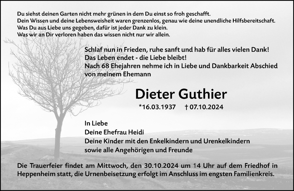  Traueranzeige für Dieter Guthier vom 26.10.2024 aus Starkenburger Echo