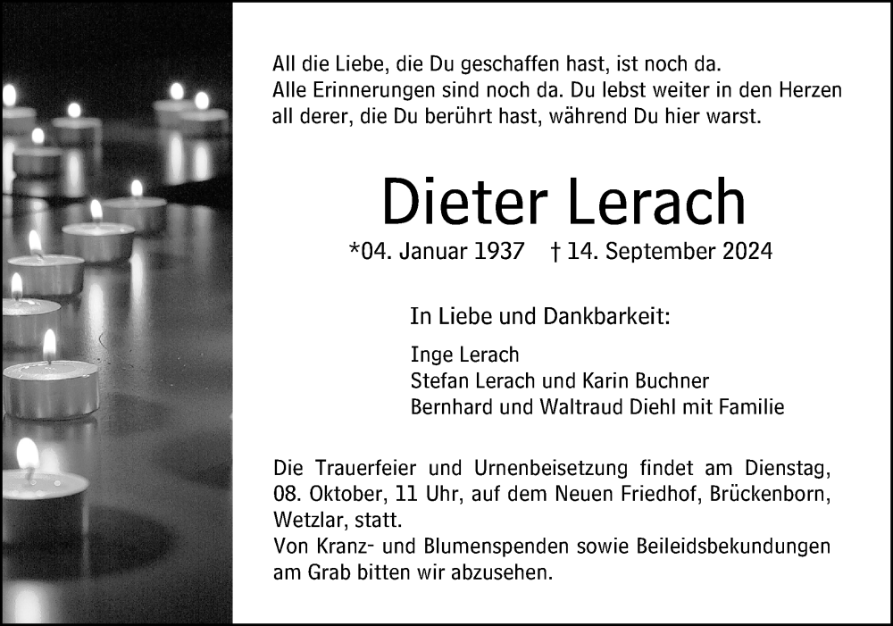  Traueranzeige für Dieter Lerach vom 02.10.2024 aus Wetzlarer Neue Zeitung