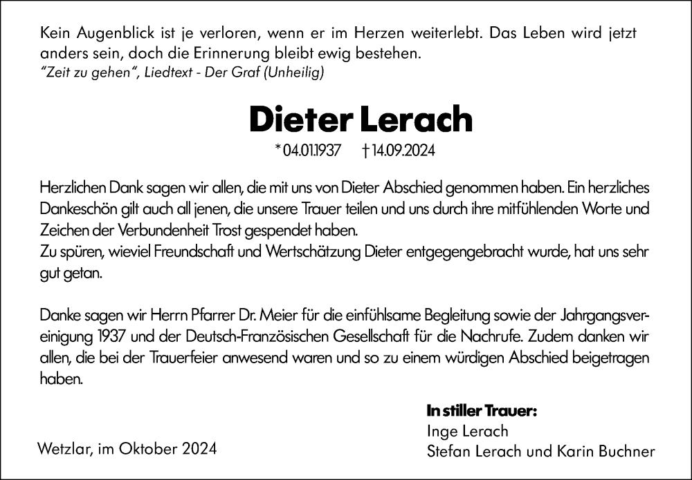  Traueranzeige für Dieter Lerach vom 26.10.2024 aus Wetzlarer Neue Zeitung