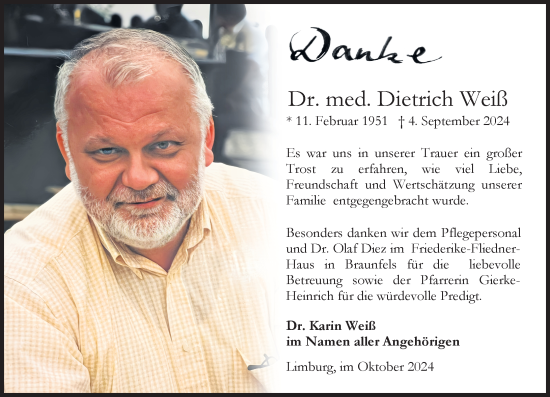 Traueranzeige von Dietrich Weiß von Weilburger Tageblatt