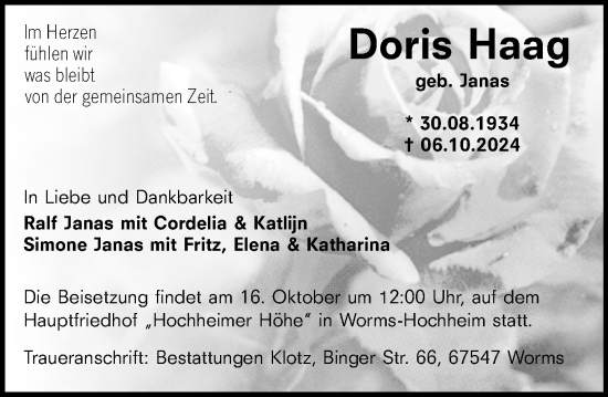 Traueranzeige von Doris Haag von Wormser Zeitung