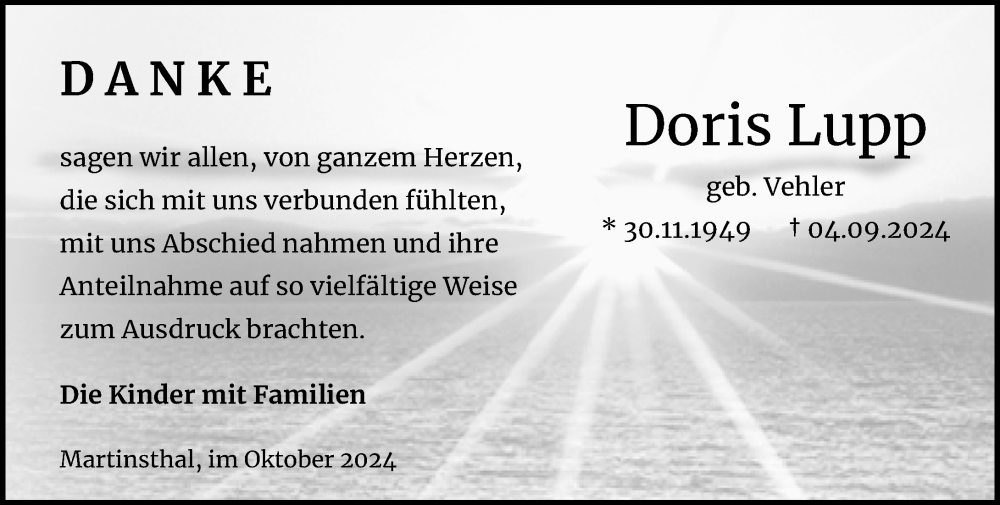  Traueranzeige für Doris Lupp vom 05.10.2024 aus Rheingau Kurier