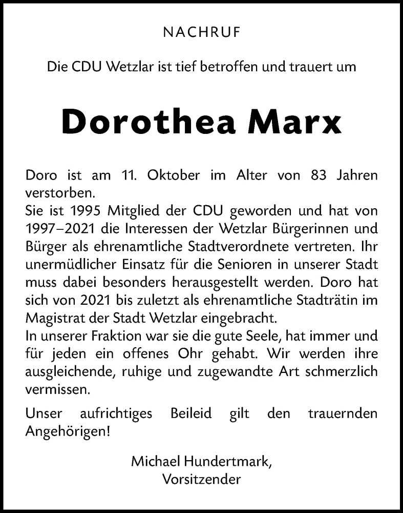  Traueranzeige für Dorothea Marx vom 23.10.2024 aus Wetzlarer Neue Zeitung