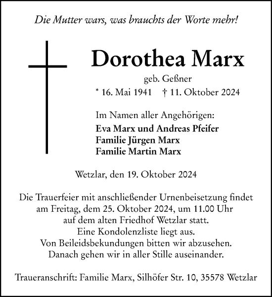 Traueranzeige von Dorothea Marx von Wetzlarer Neue Zeitung