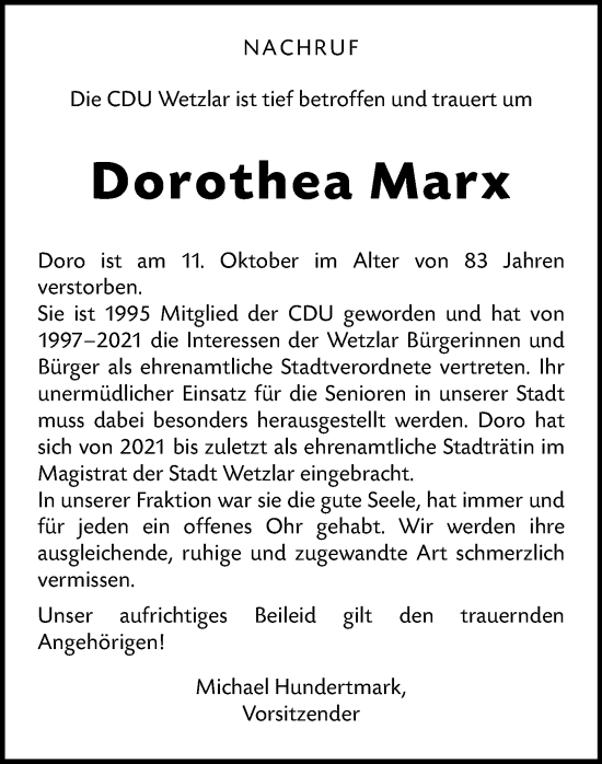 Traueranzeige von Dorothea Marx von Wetzlarer Neue Zeitung