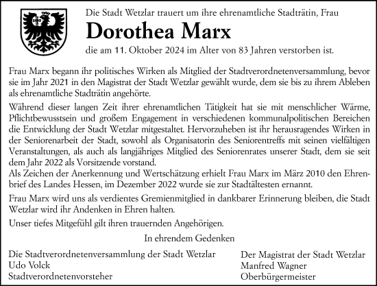 Traueranzeige von Dorothea Marx von Wetzlarer Neue Zeitung