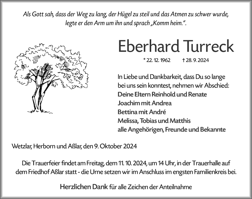  Traueranzeige für Eberhard Turreck vom 09.10.2024 aus Wetzlarer Neue Zeitung