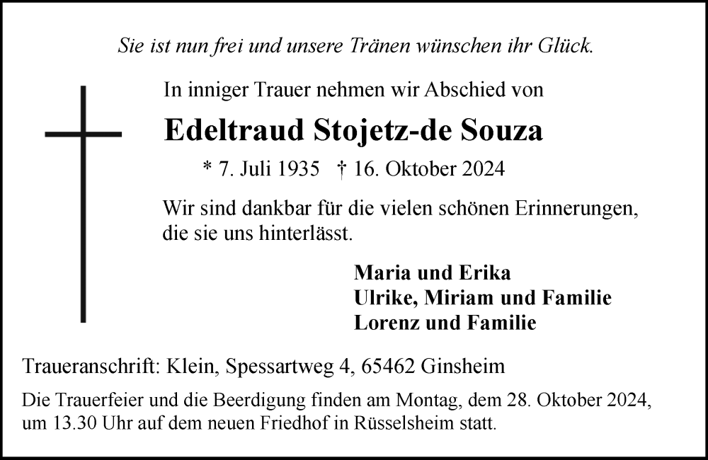  Traueranzeige für Edeltraud Stojetz-de Souza vom 23.10.2024 aus Rüsselsheimer Echo
