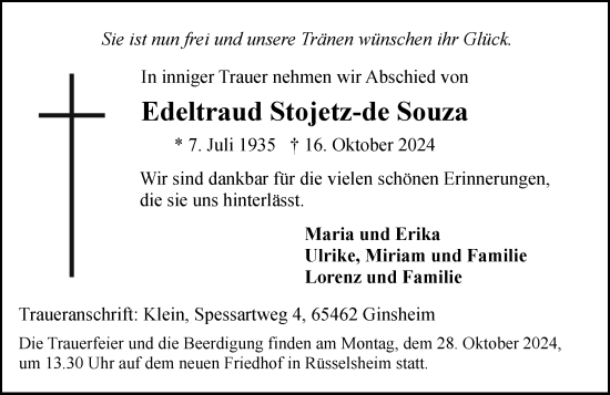Traueranzeige von Edeltraud Stojetz-de Souza von Rüsselsheimer Echo