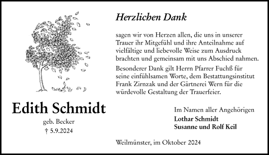 Traueranzeige von Edith Schmidt von Weilburger Tageblatt