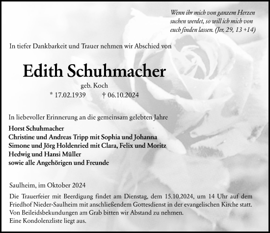 Traueranzeige von Edith Schuhmacher von Allgemeine Zeitung Mainz