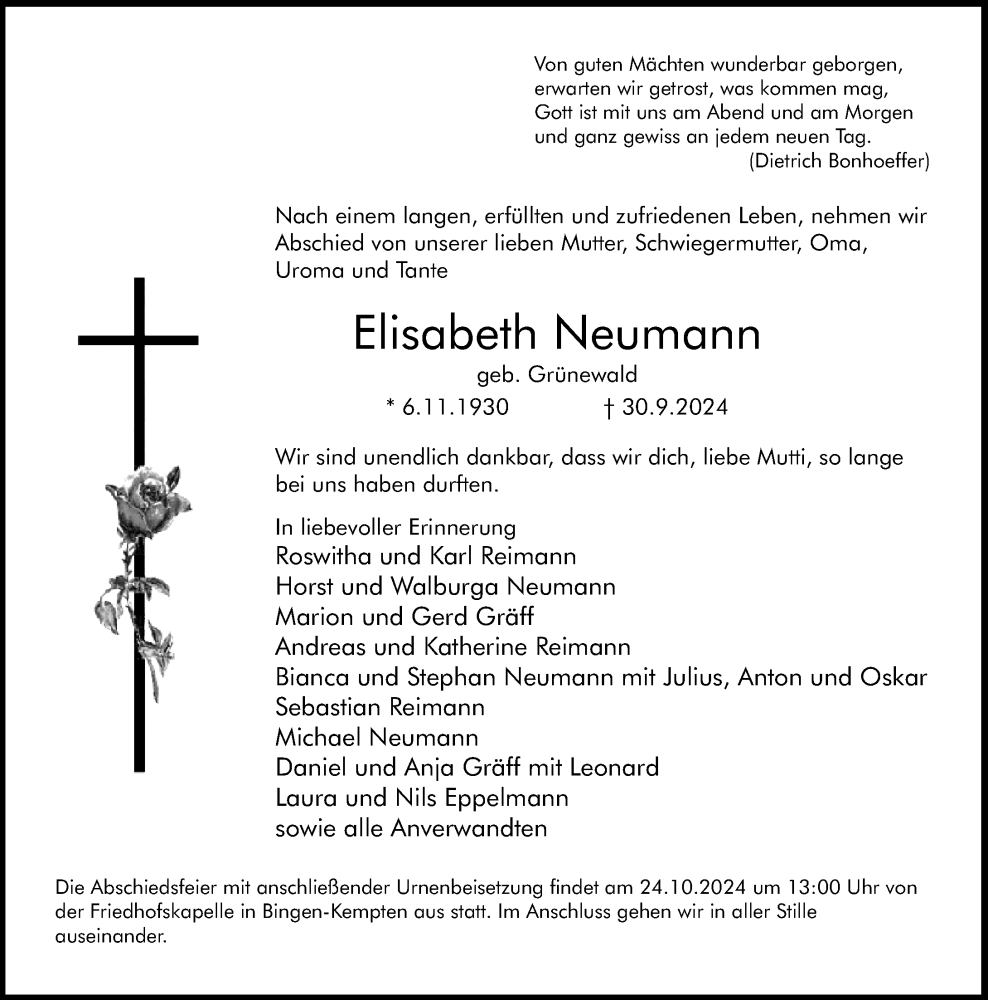  Traueranzeige für Elisabeth Neumann vom 19.10.2024 aus Allgemeine Zeitung Rheinhessen-Nahe