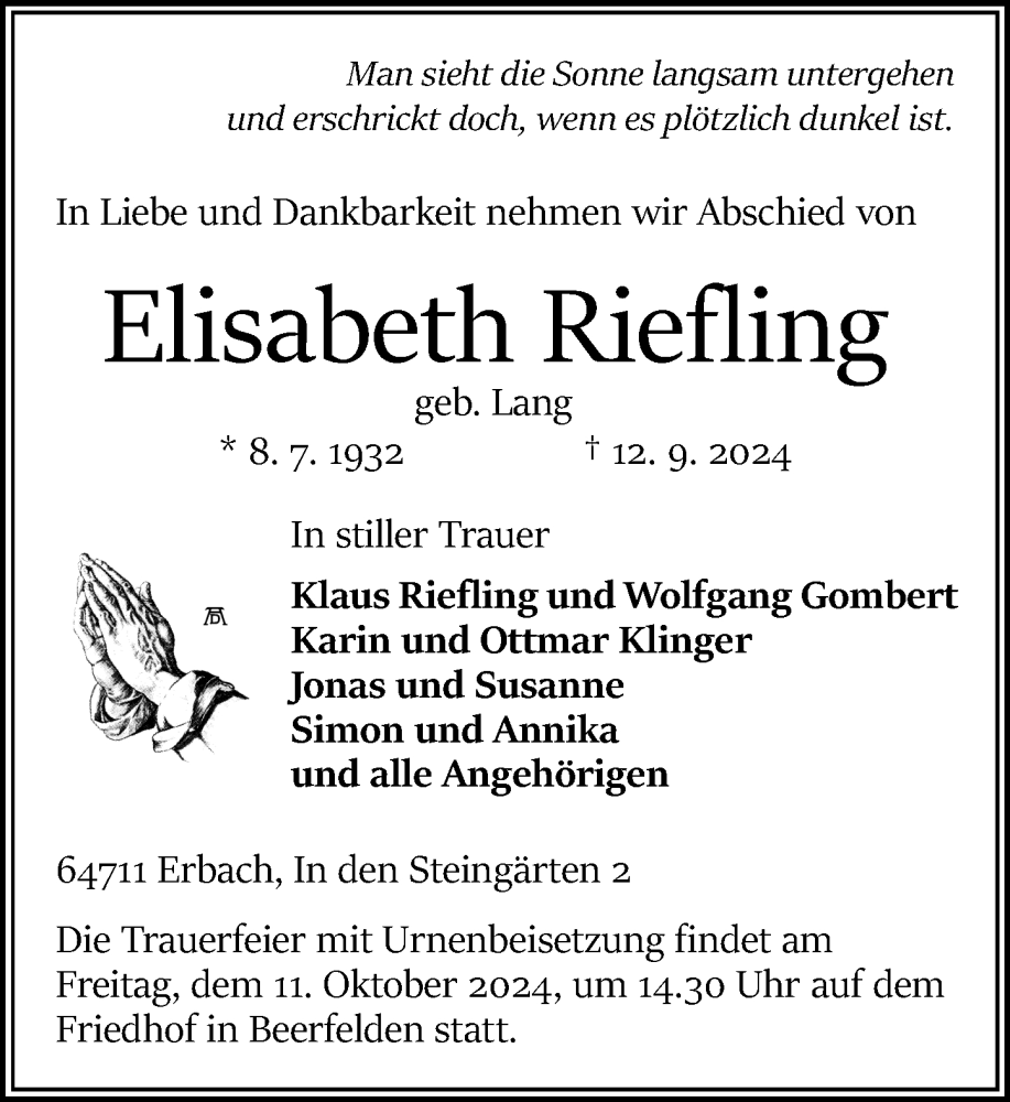  Traueranzeige für Elisabeth Riefling vom 05.10.2024 aus Odenwälder Echo