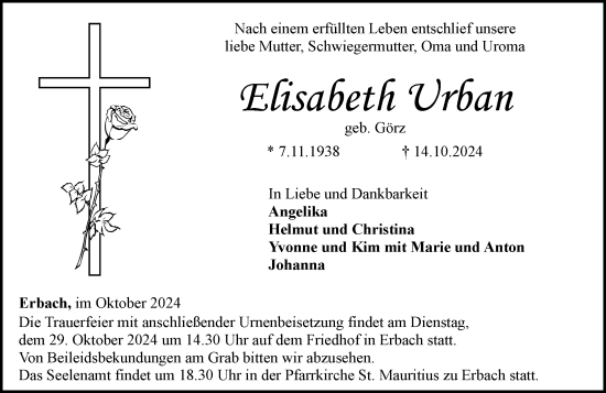Traueranzeige von Elisabeth Urban von Camberger Anzeiger