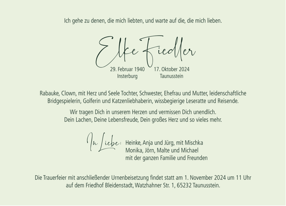  Traueranzeige für Elke Fiedler vom 26.10.2024 aus Wiesbadener Kurier