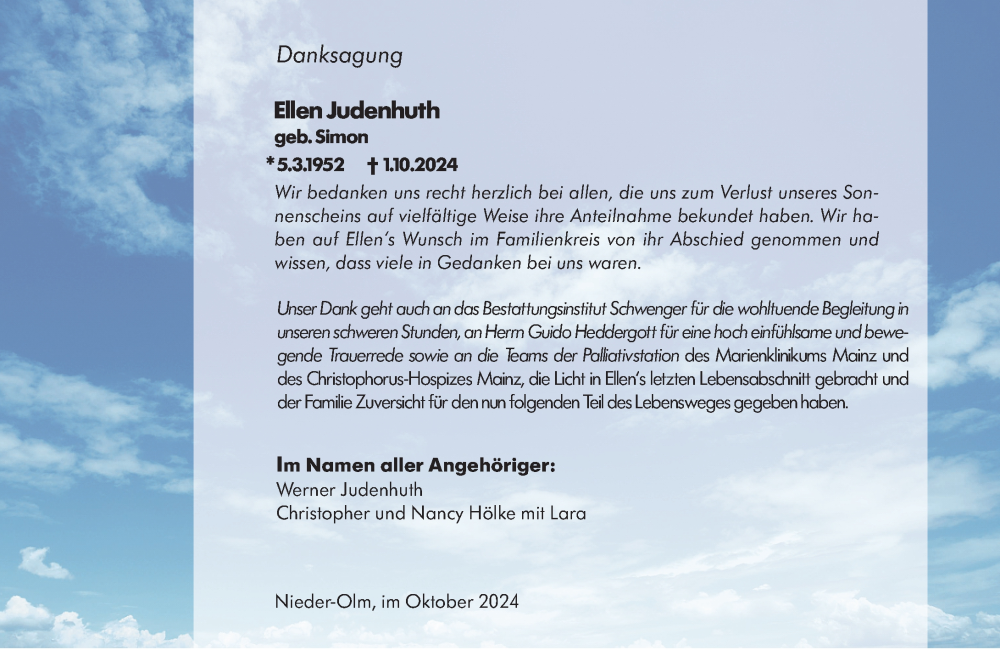  Traueranzeige für Ellen Judenhuth vom 26.10.2024 aus Allgemeine Zeitung Mainz