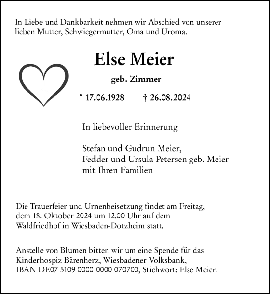 Traueranzeige von Else Meier von Wiesbadener Kurier