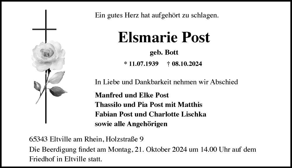  Traueranzeige für Elsmarie Post vom 12.10.2024 aus Rheingau Kurier