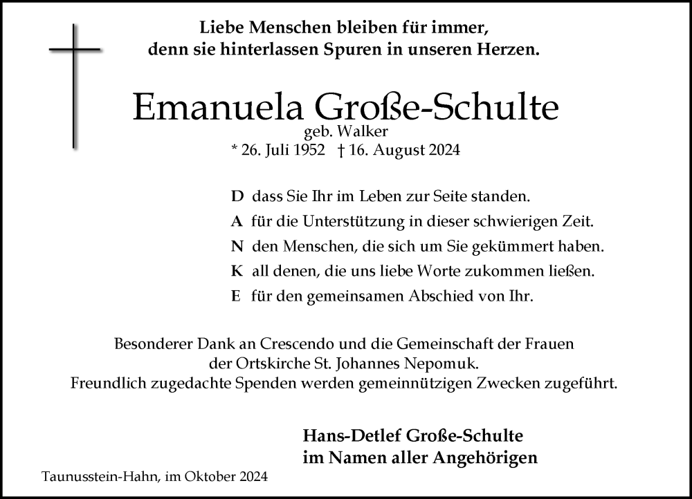 Traueranzeige für Emanuela Große-Schulte vom 05.10.2024 aus Idsteiner Land/Untertaunus