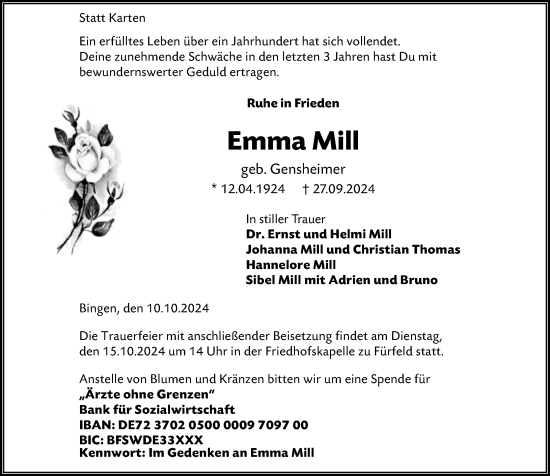 Traueranzeige von Emma Mill von Allgemeine Zeitung Rheinhessen-Nahe