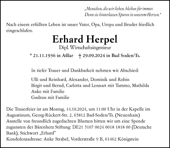 Traueranzeige von Erhard Herpel von Wetzlarer Neue Zeitung