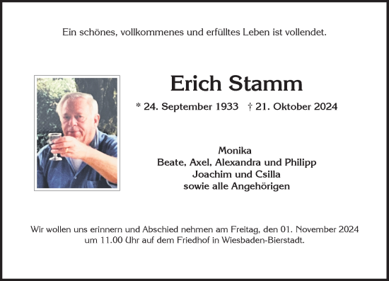 Traueranzeige von Erich Stamm von Wiesbadener Kurier