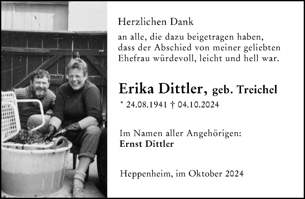  Traueranzeige für Erika Dittler vom 31.10.2024 aus Bergsträßer Anzeiger