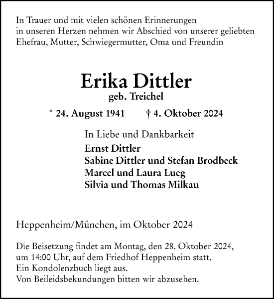 Traueranzeige von Erika Dittler von Bergsträßer Anzeiger