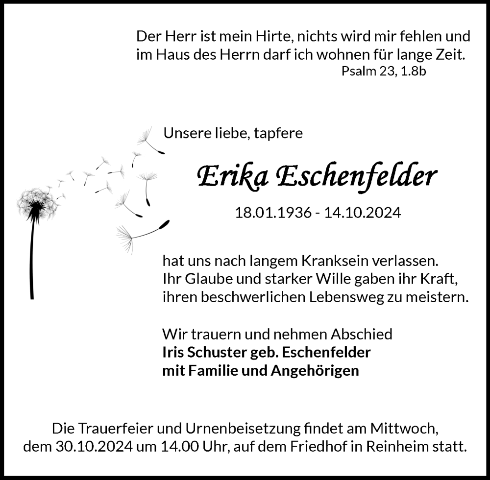  Traueranzeige für Erika Eschenfelder vom 26.10.2024 aus Darmstädter Echo