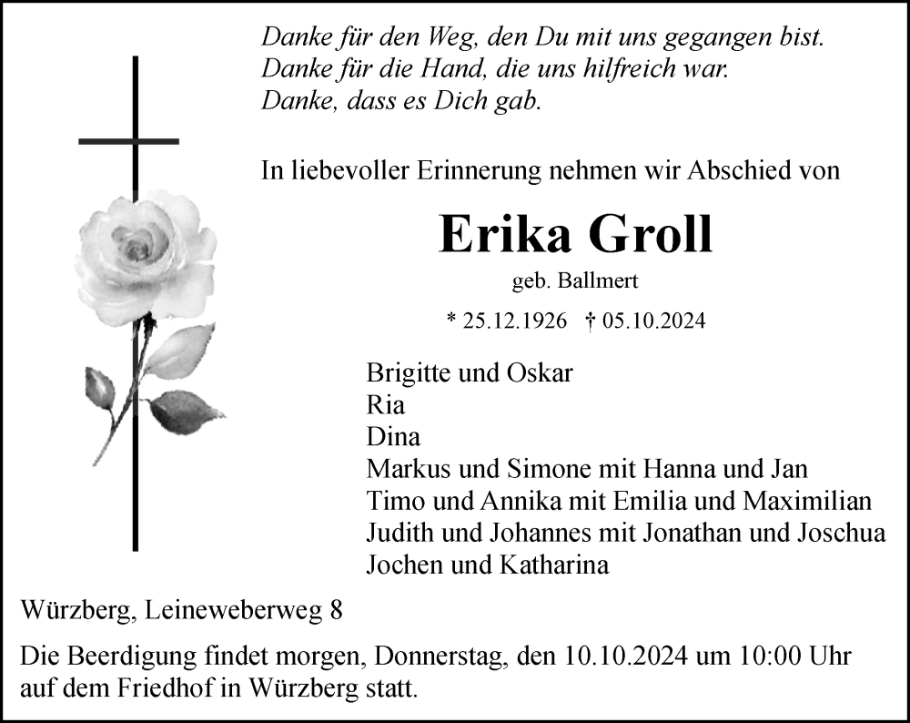  Traueranzeige für Erika Groll vom 09.10.2024 aus Odenwälder Echo
