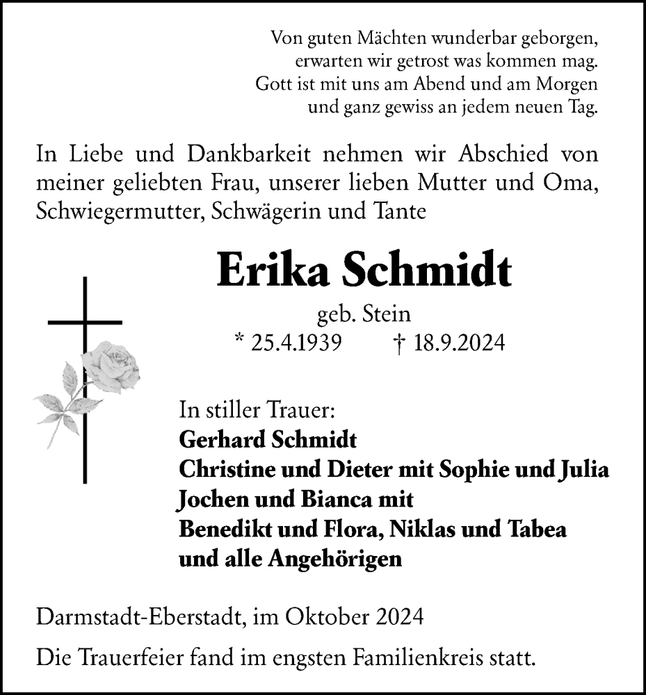  Traueranzeige für Erika Schmidt vom 05.10.2024 aus Darmstädter Echo