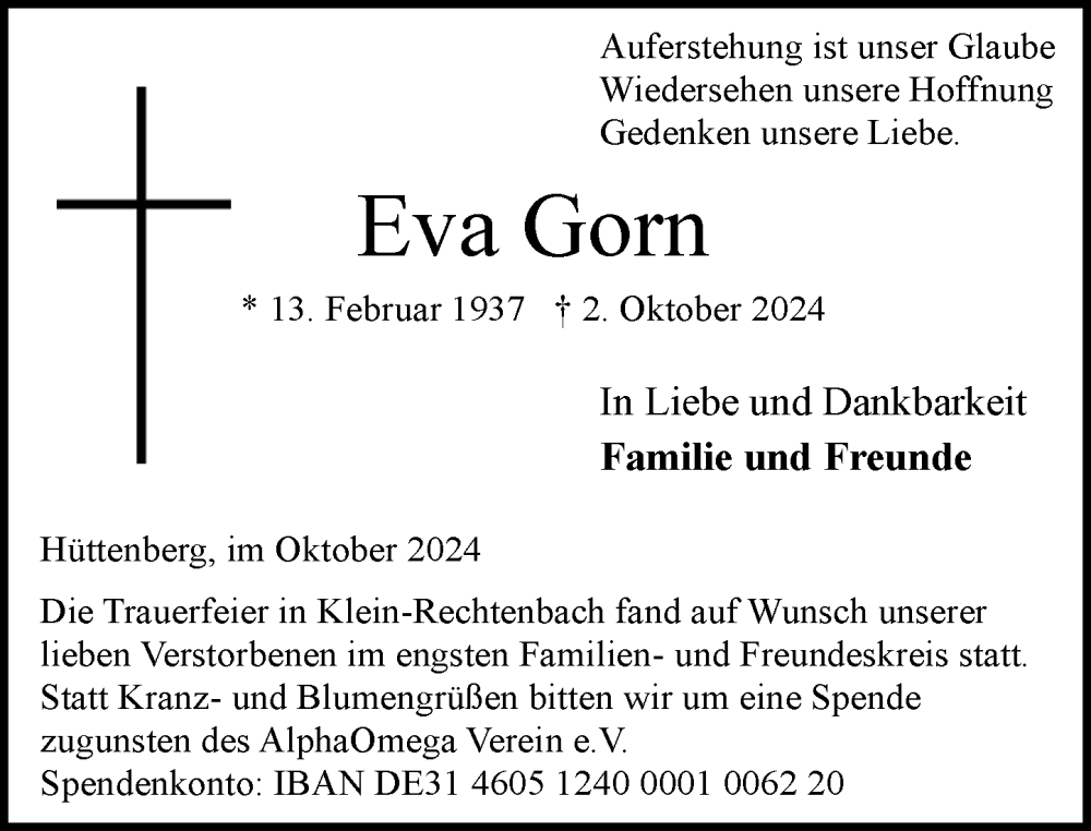  Traueranzeige für Eva Gorn vom 12.10.2024 aus Wetzlarer Neue Zeitung