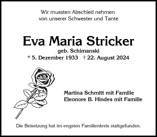 Traueranzeige von Eva Maria Stricker von Wiesbadener Kurier