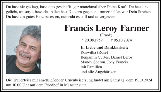 Traueranzeige von Francis Leroy Farmer von Dieburger Anzeiger/Groß-Zimmerner Lokal-Anzeiger