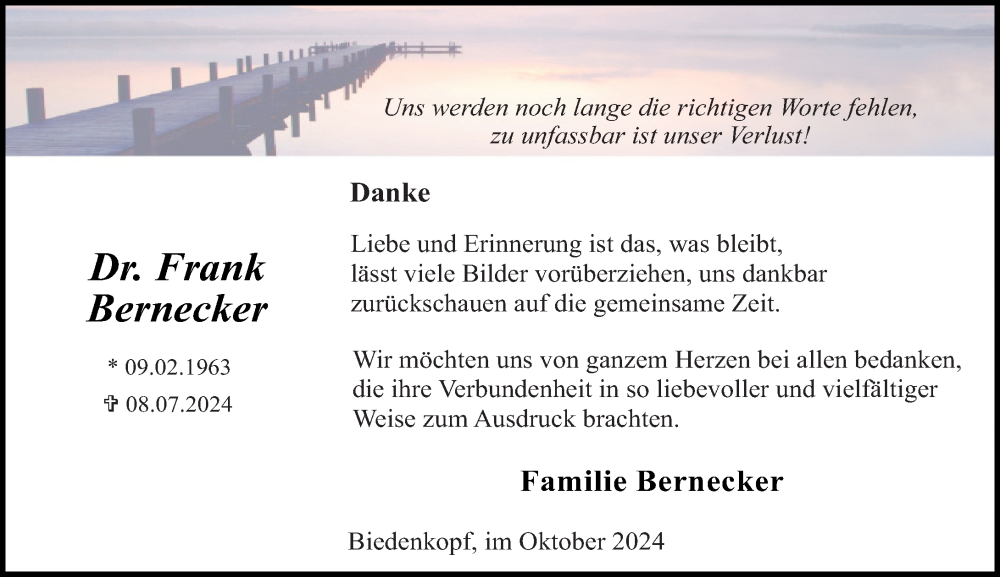  Traueranzeige für Frank Bernecker vom 04.10.2024 aus Hinterländer Anzeiger