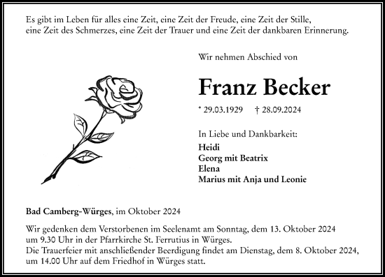 Traueranzeige von Franz Becker von Nassauische Neue Presse