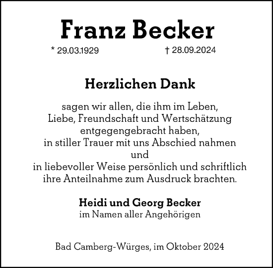 Traueranzeige von Franz Becker von Camberger Anzeiger
