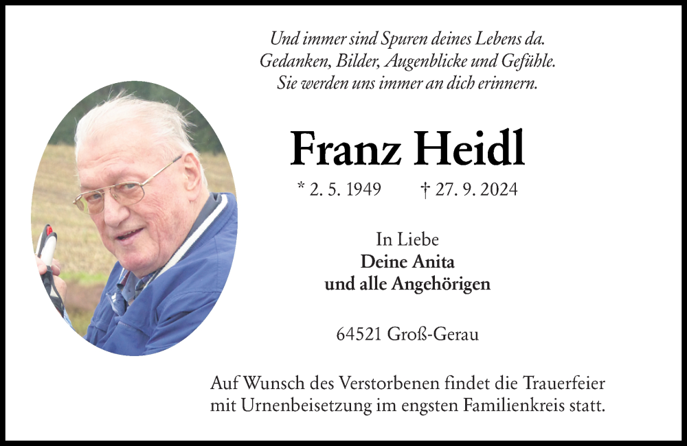  Traueranzeige für Franz Heidl vom 12.10.2024 aus Groß-Gerauer Echo