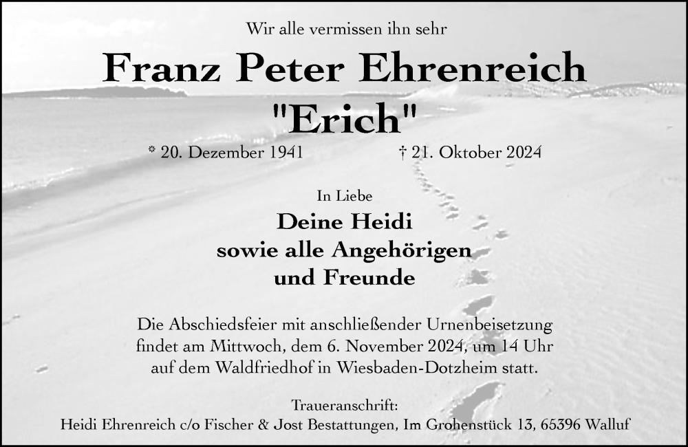  Traueranzeige für Franz Peter Ehrenreich vom 26.10.2024 aus Wiesbadener Kurier