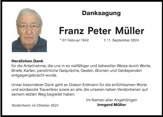 Traueranzeige von Franz Peter Müller von Allgemeine Zeitung Mainz