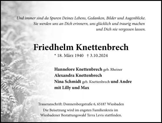 Traueranzeige von Friedhelm Knettenbrech von Wiesbadener Kurier