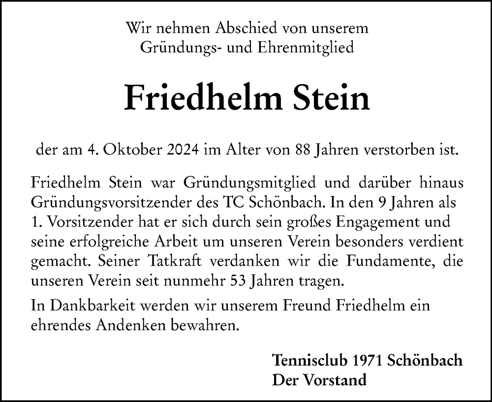  Traueranzeige für Friedhelm Stein vom 15.10.2024 aus Dill Block
