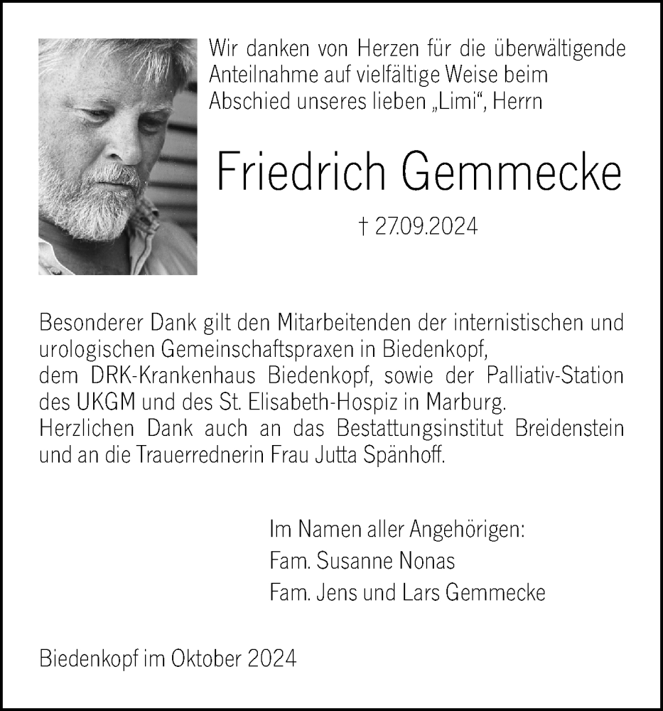  Traueranzeige für Friedrich Gemmecke vom 26.10.2024 aus Hinterländer Anzeiger