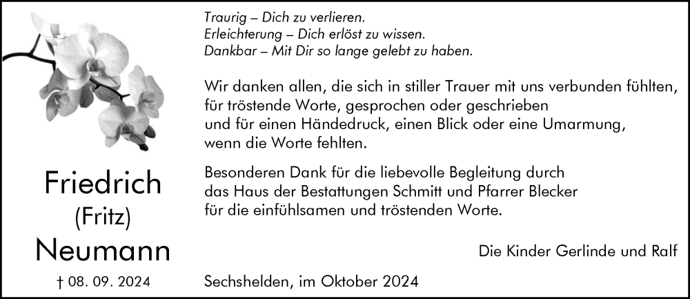  Traueranzeige für Friedrich Neumann vom 19.10.2024 aus Dill Block