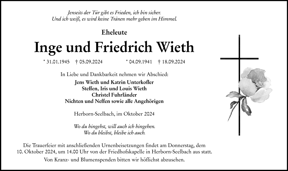  Traueranzeige für Friedrich Wieth vom 05.10.2024 aus Dill Block