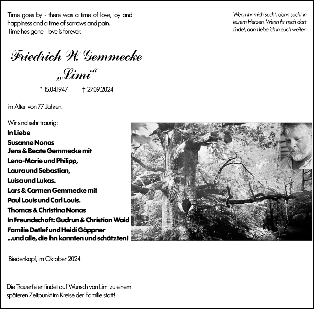  Traueranzeige für Friedrich W. Gemmecke vom 05.10.2024 aus Hinterländer Anzeiger