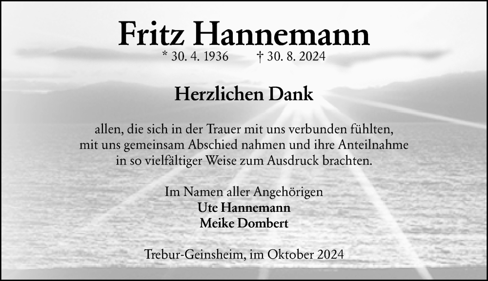  Traueranzeige für Fritz Hannemann vom 12.10.2024 aus Groß-Gerauer Echo